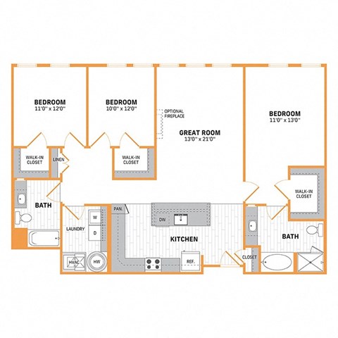 Floor plan for 3 beds, 2 baths, 1529 sqft